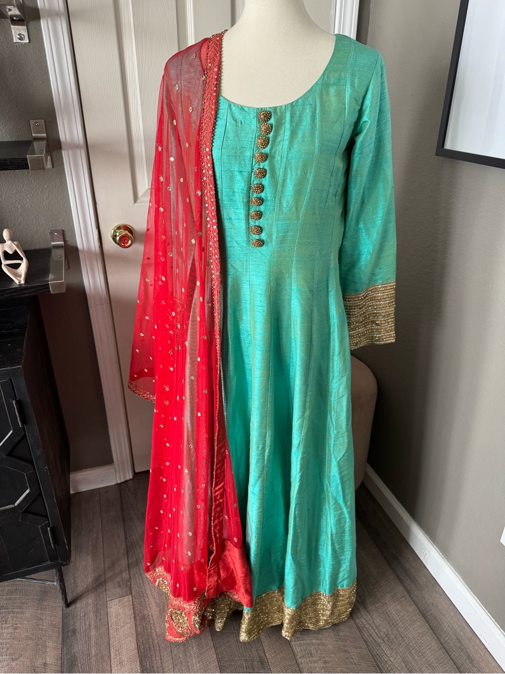 Elegant Green raw silk Anarkali Dress with Red Dupatta